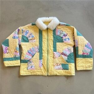 Colorful Patchwork Quilt Jacket With Sherpa Collar Spring